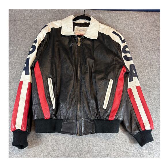 VINTAGE Michael Hoban Where Mi Leather Bomber Jacket Mens Large Black USA Flag - Picture 1 of 6